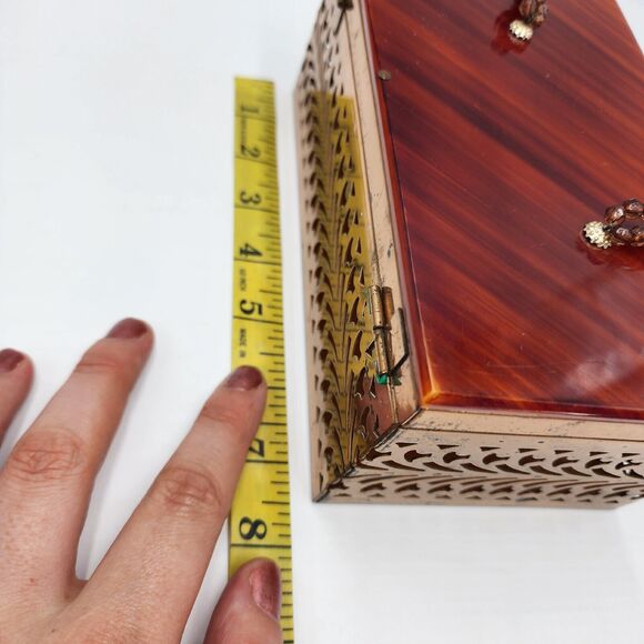 Vintage 1950's Tortoiseshell Amber Color Lucite Brass Filigree Box Purse Beaded - Picture 12 of 13